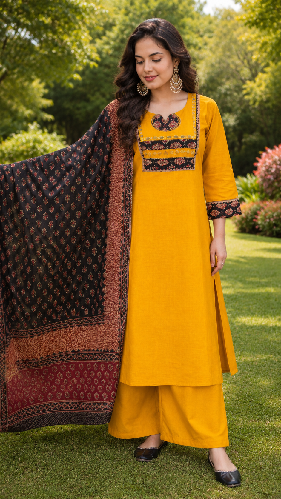 MUSTARD COTTON A LINE SUIT SET WITH AJRAKH PRINT DUPATTA