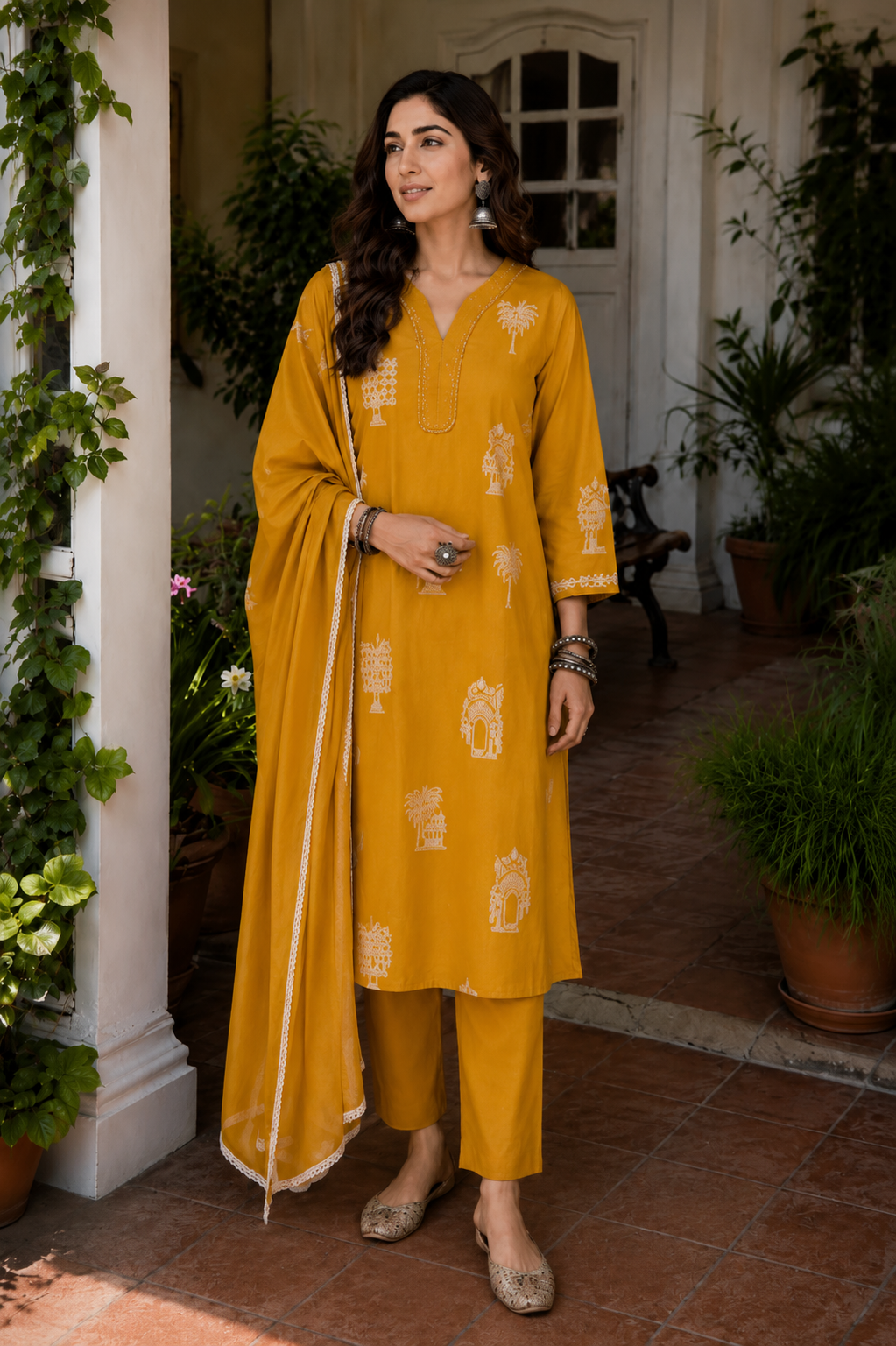 Mustard Yellow Cotton Suit Set with Dupatta
