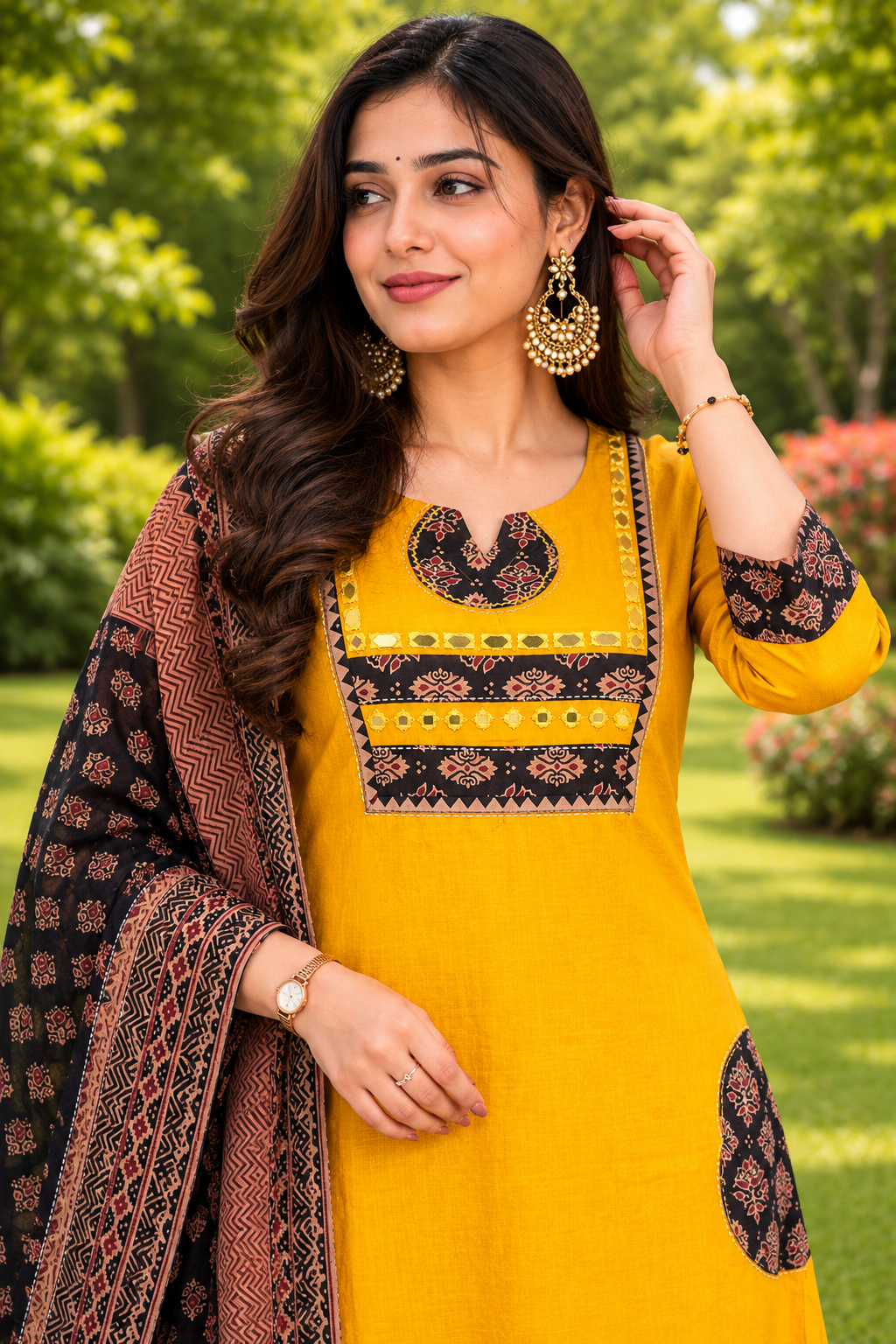 MUSTARD COTTON A LINE SUIT SET WITH AJRAKH PRINT DUPATTA