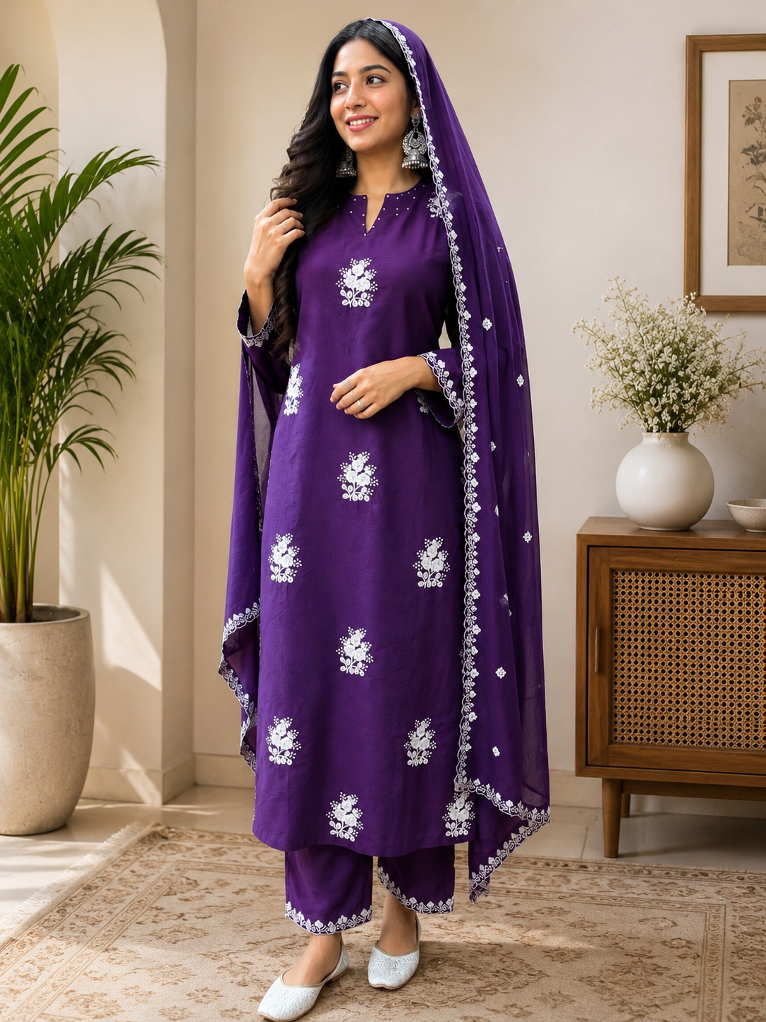 Violet Embroidered Kurta Set with Dupatta