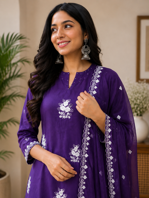 Violet Embroidered Kurta Set with Dupatta