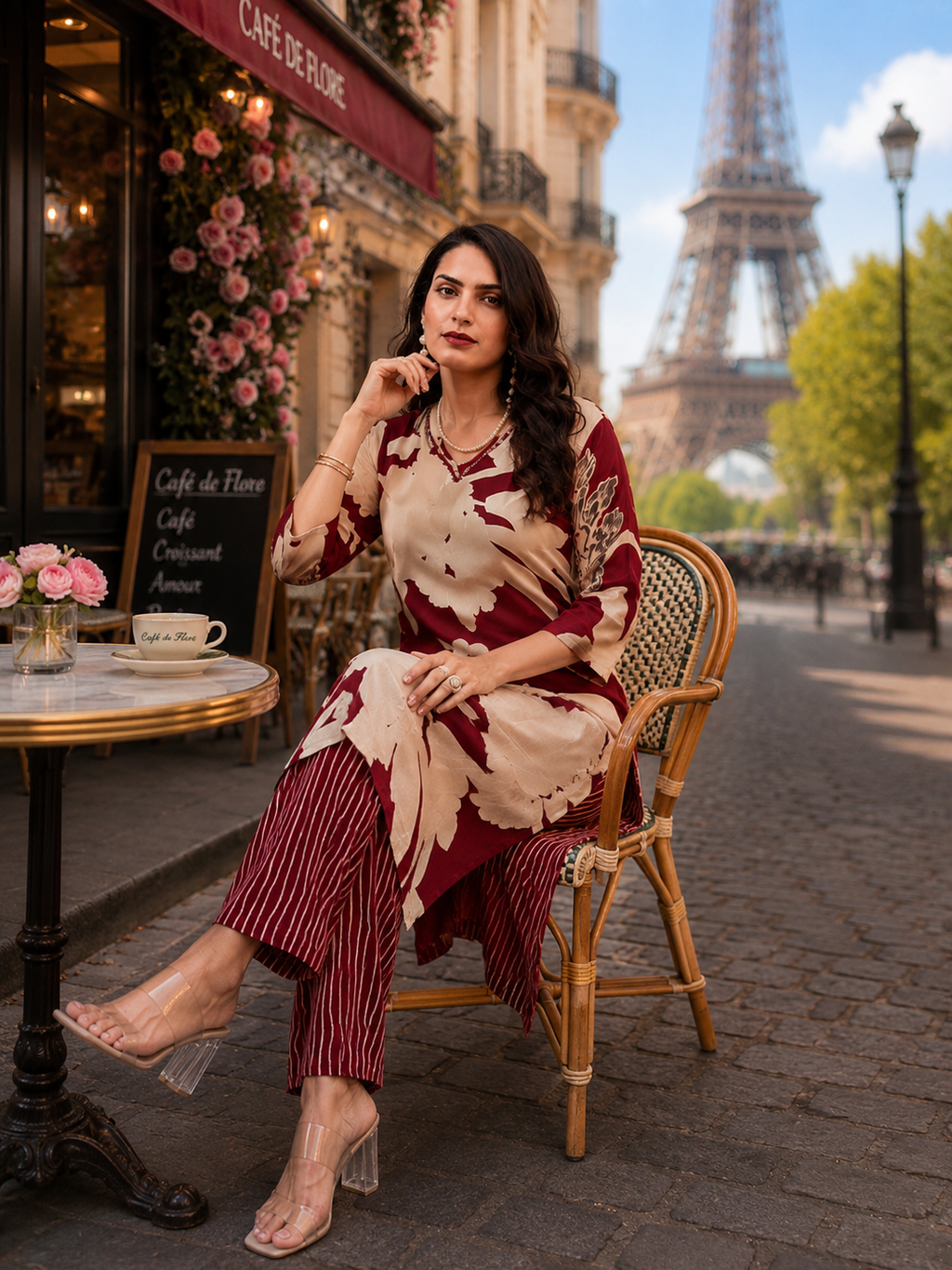 Burgundy Blossom Straight Kurta Palazzo Set