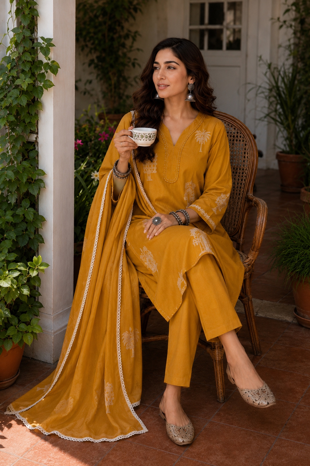 Mustard Yellow Cotton Suit Set with Dupatta