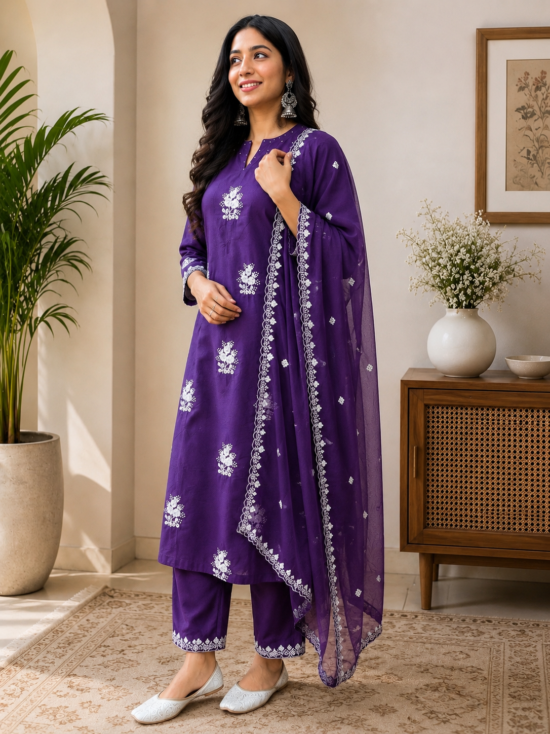 Violet Embroidered Kurta Set with Dupatta