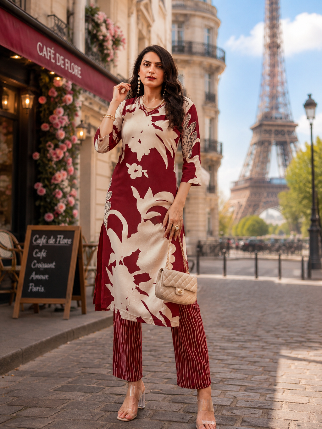 Burgundy Blossom Straight Kurta Palazzo Set