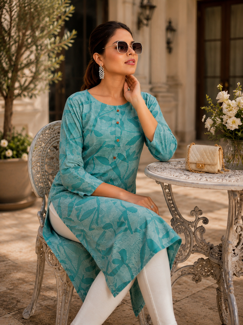 Aqua Leaf Print Cotton Kurta – Elegant Everyday Comfort