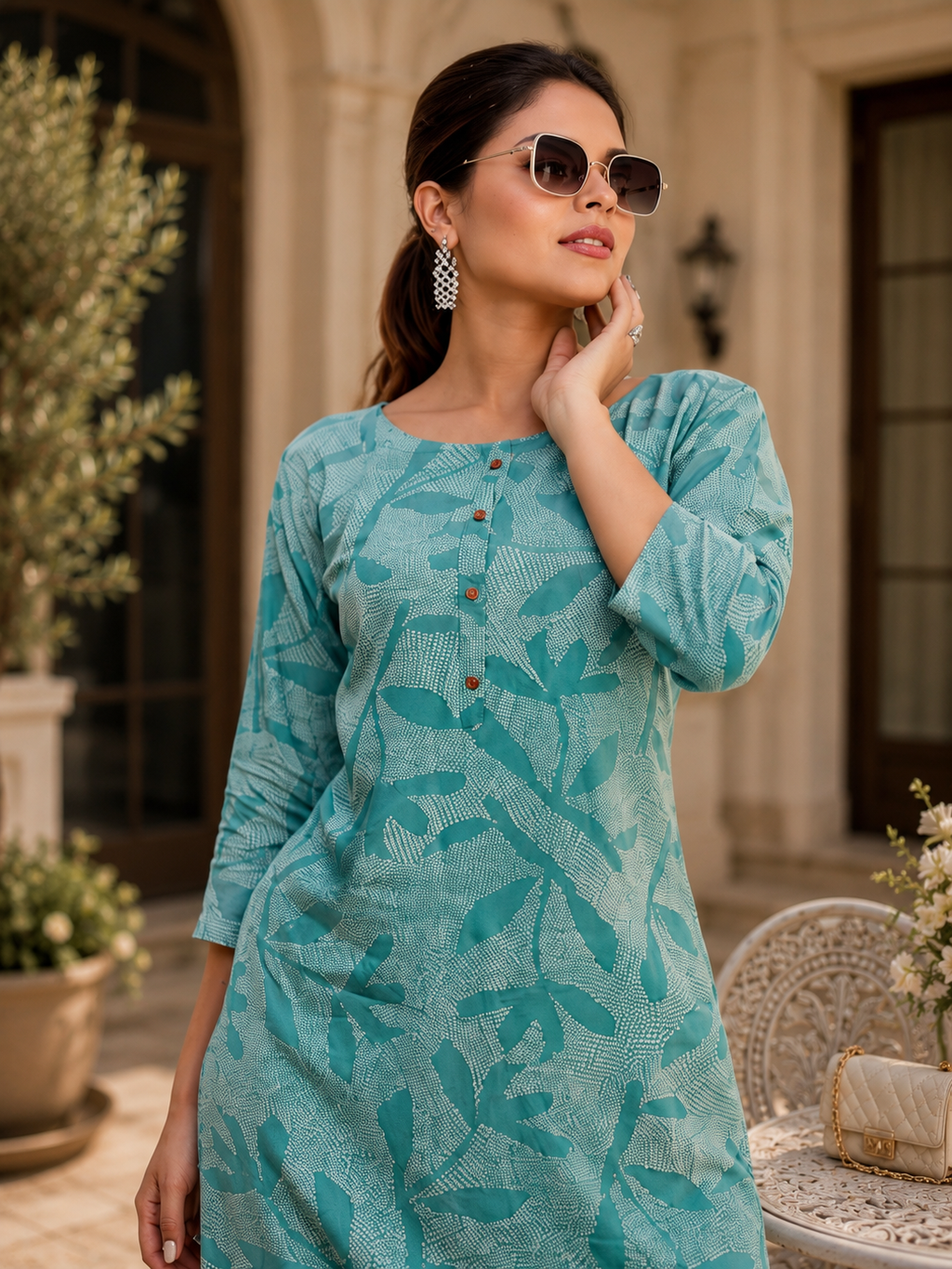 Aqua Leaf Print Cotton Kurta – Elegant Everyday Comfort