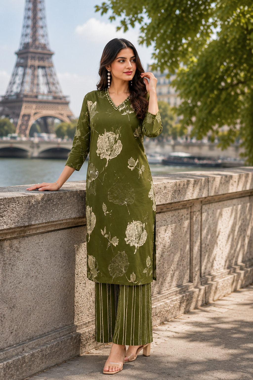 Olive Pearl Mirror Work Straight Kurta Palazzo Set