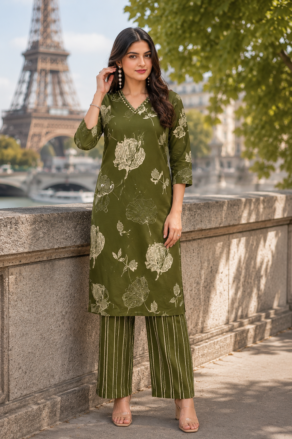 Olive Pearl Mirror Work Straight Kurta Palazzo Set