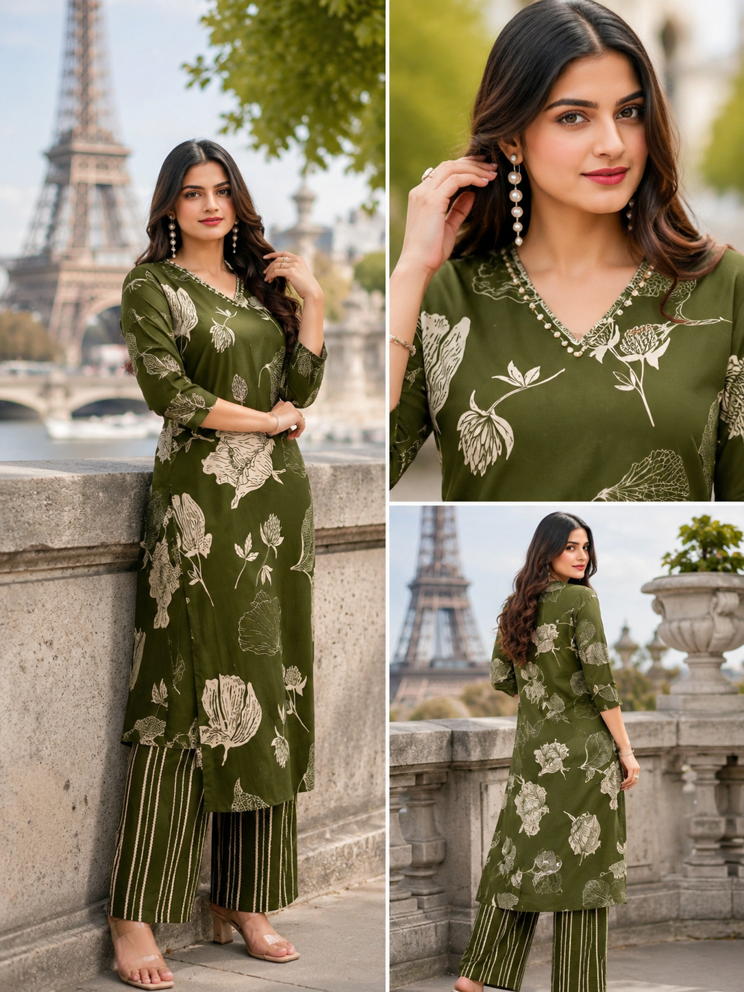 Olive Pearl Mirror Work Straight Kurta Palazzo Set