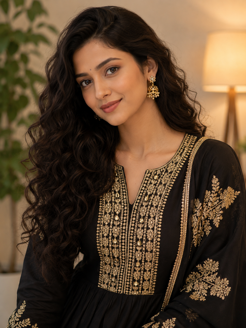 Black Modal Silk Embroidered Anarkali Set with Dupatta
