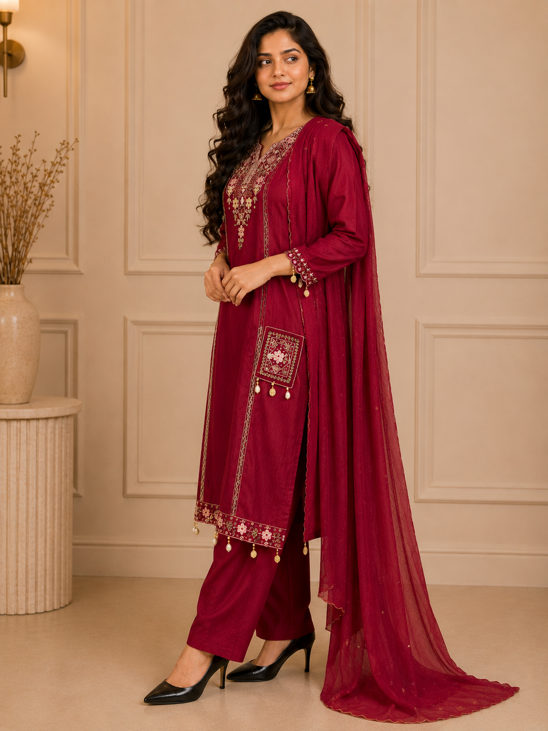 Royal Wine Modal Silk Suit Set