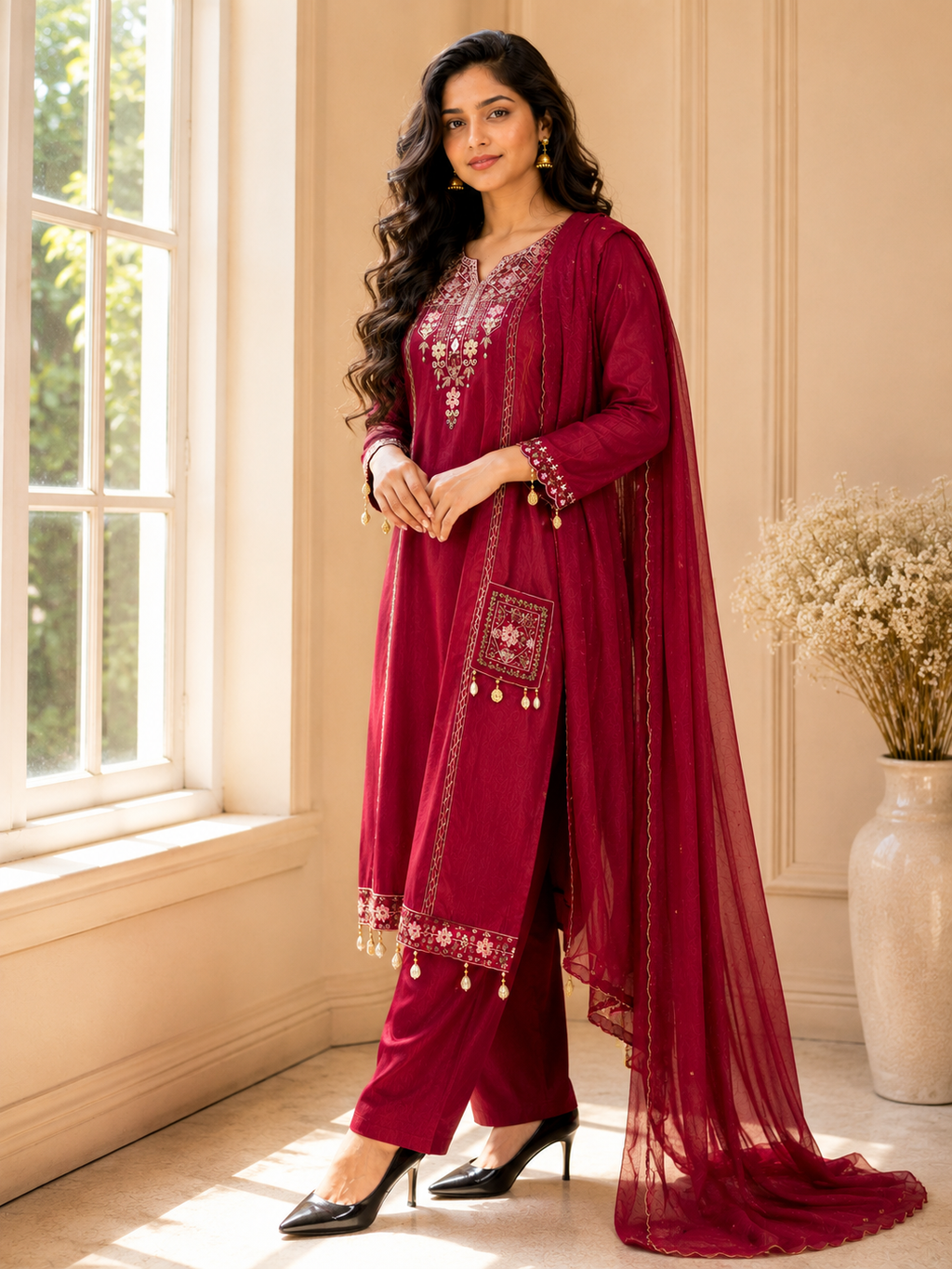 Royal Wine Modal Silk Suit Set