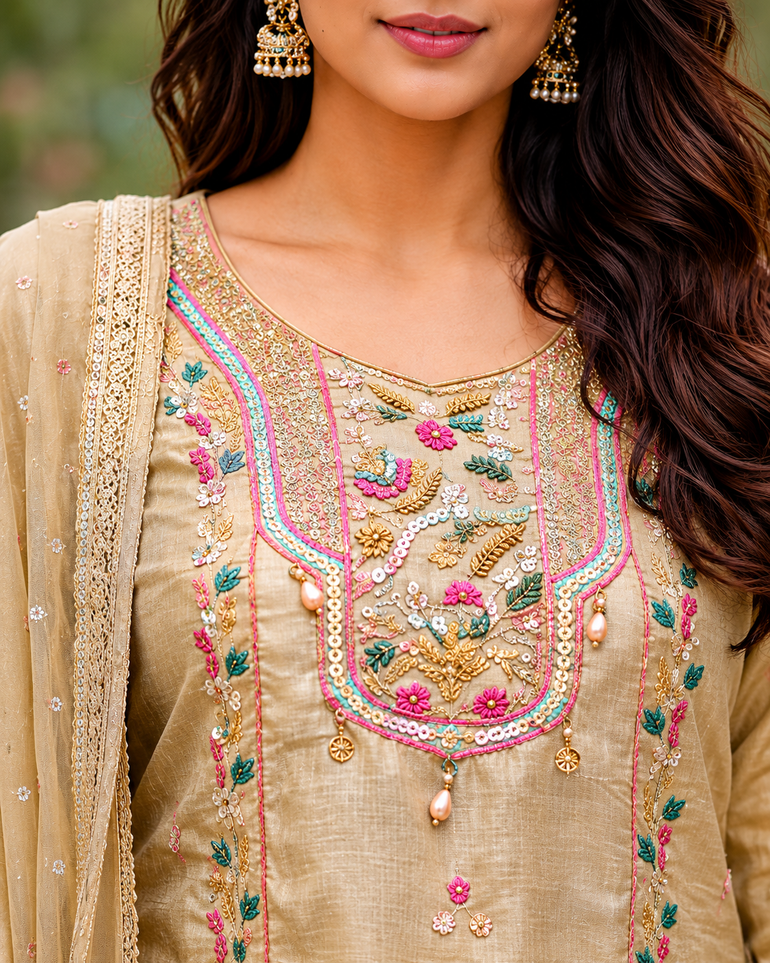 Pista Green Silk Embroidered Suit Set
