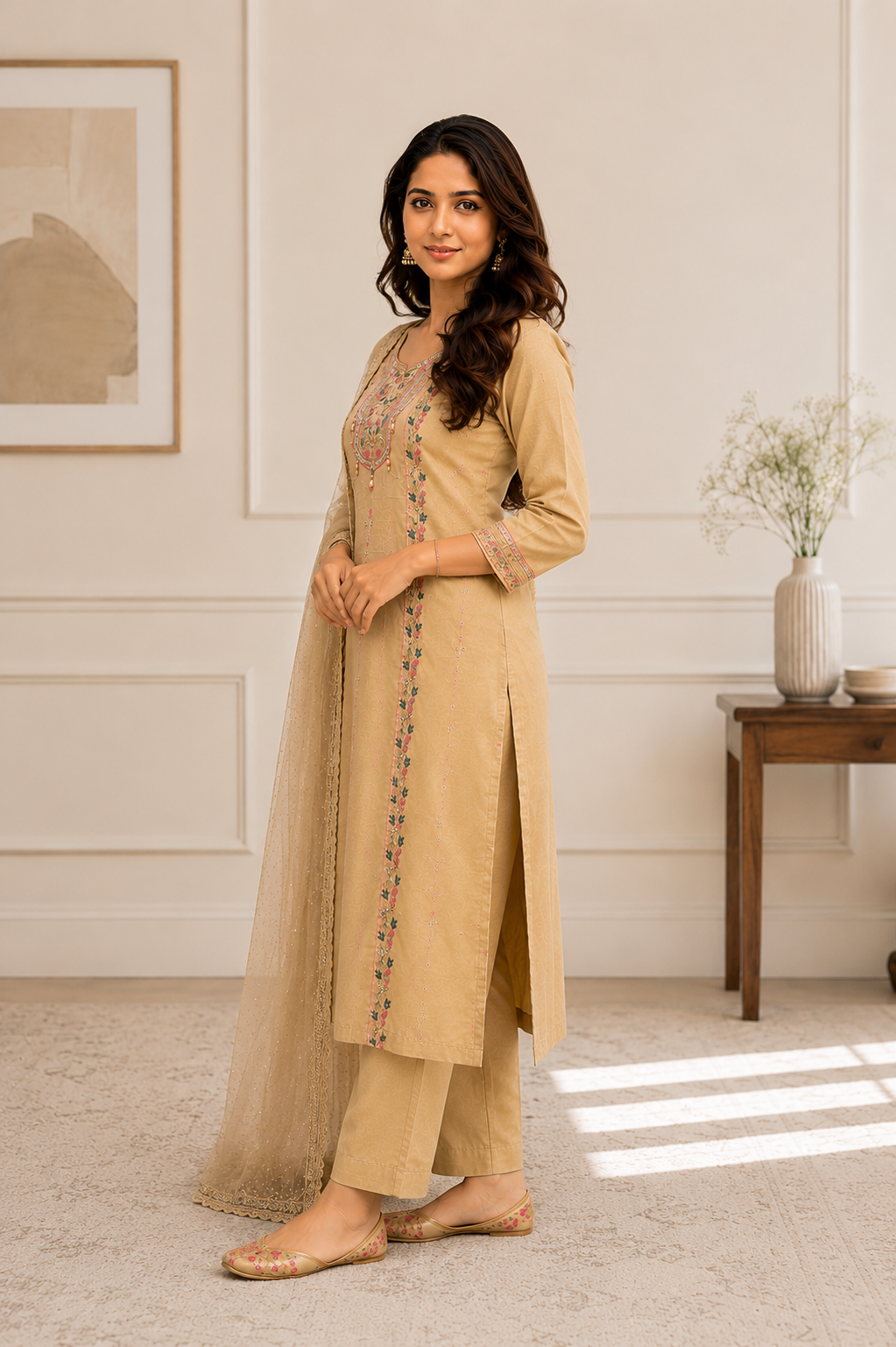 Pista Green Silk Embroidered Suit Set