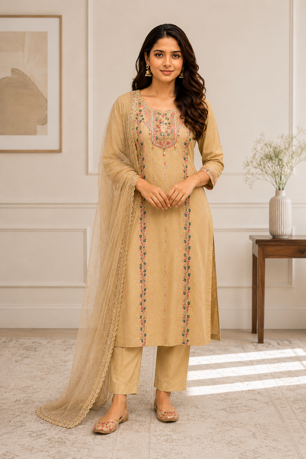 Pista Green Silk Embroidered Suit Set