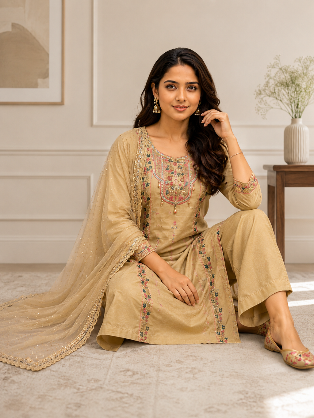 Pista Green Silk Embroidered Suit Set