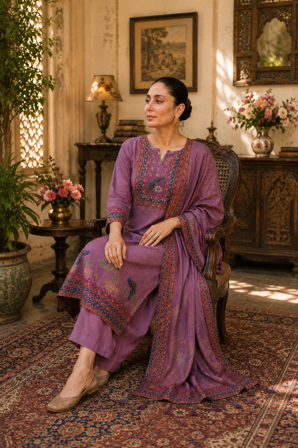 Purple Ethnic Cotton Suit Set with Printed Dupatta
