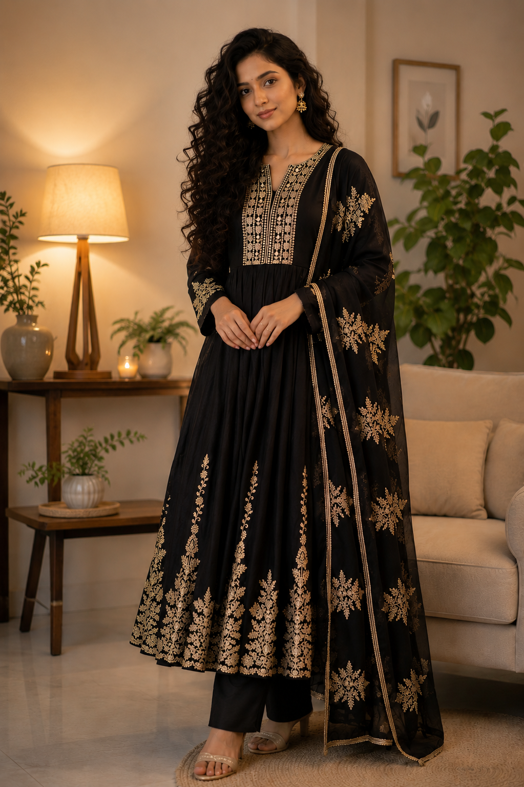 Black Modal Silk Embroidered Anarkali Set with Dupatta