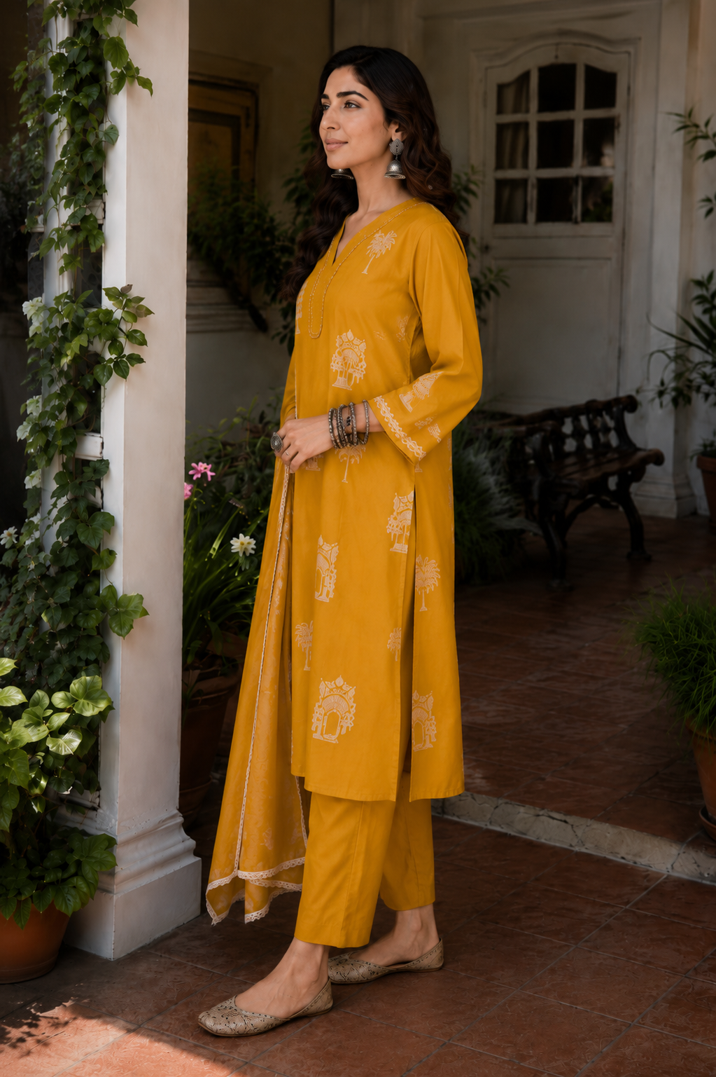 Mustard Yellow Cotton Suit Set with Dupatta