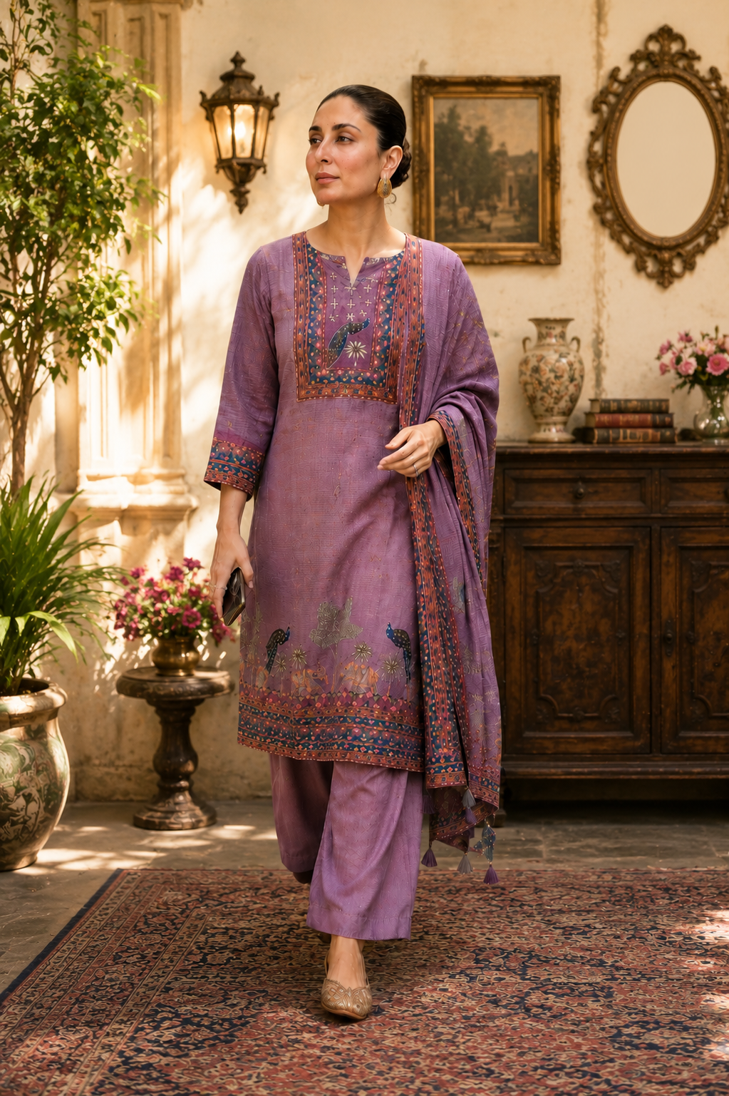 Purple Ethnic Cotton Suit Set with Printed Dupatta