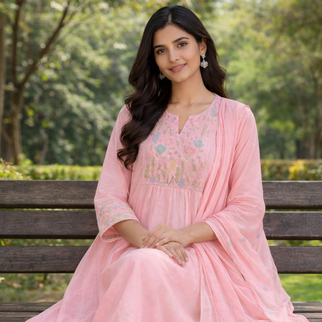 CANDY PINK MUL COTTON ANARKALI SUIT SET