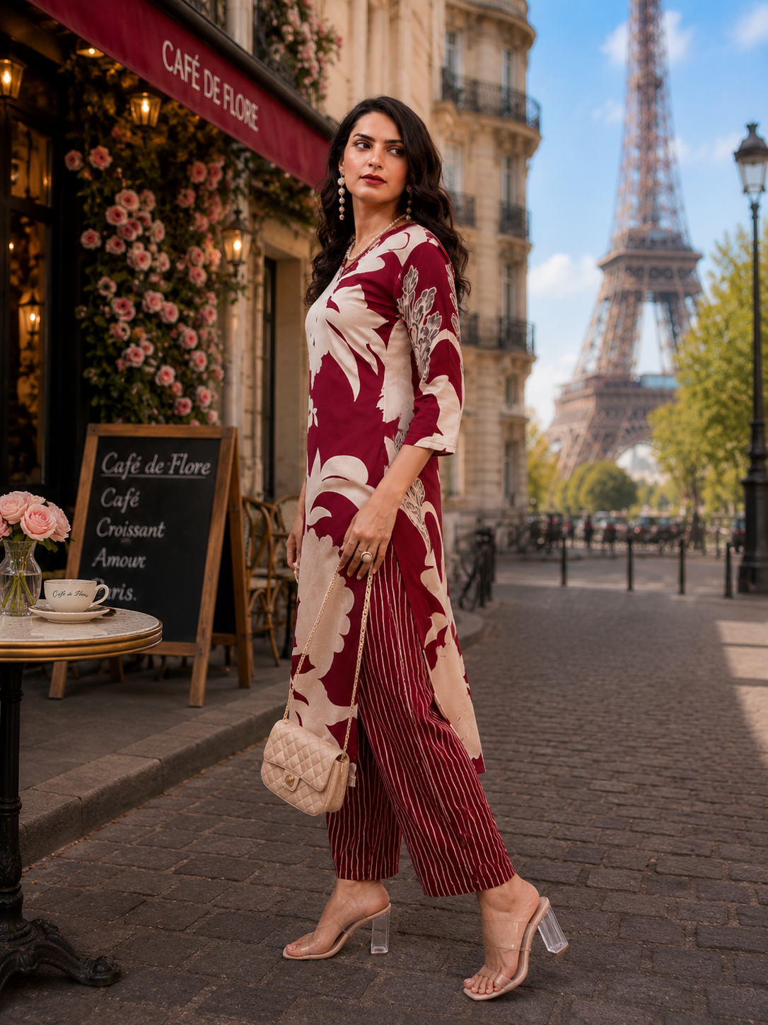 Burgundy Blossom Straight Kurta Palazzo Set