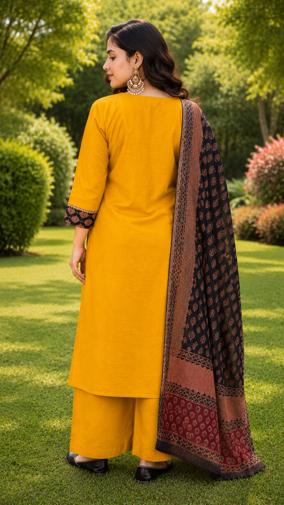 MUSTARD COTTON A LINE SUIT SET WITH AJRAKH PRINT DUPATTA