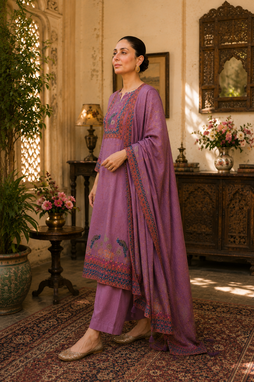 Purple Ethnic Cotton Suit Set with Printed Dupatta