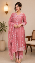 Dusty Rose Embroidered Kurta Set with Dupatta