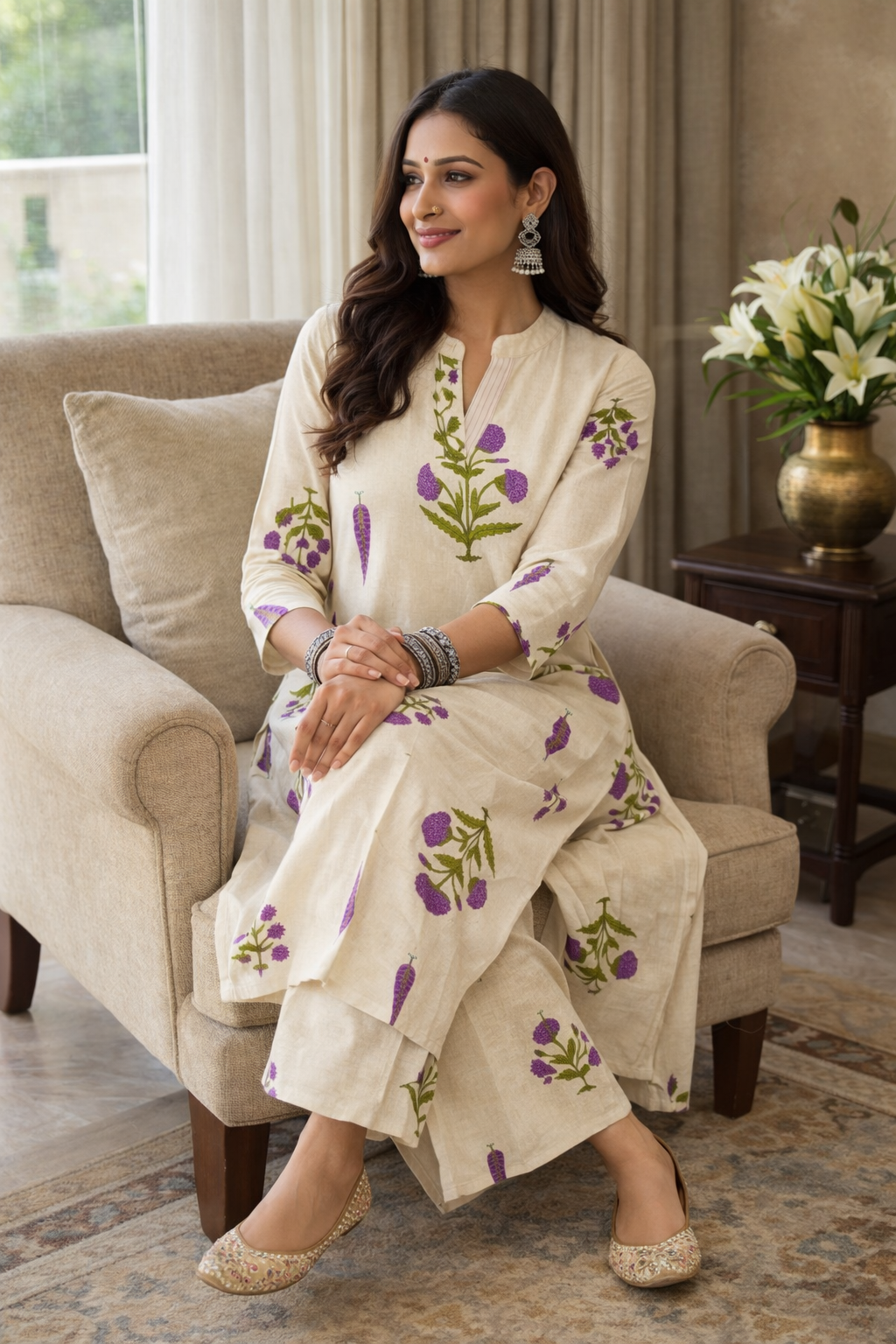 KHADI COTTON FLORAL PRINT KURTA SET