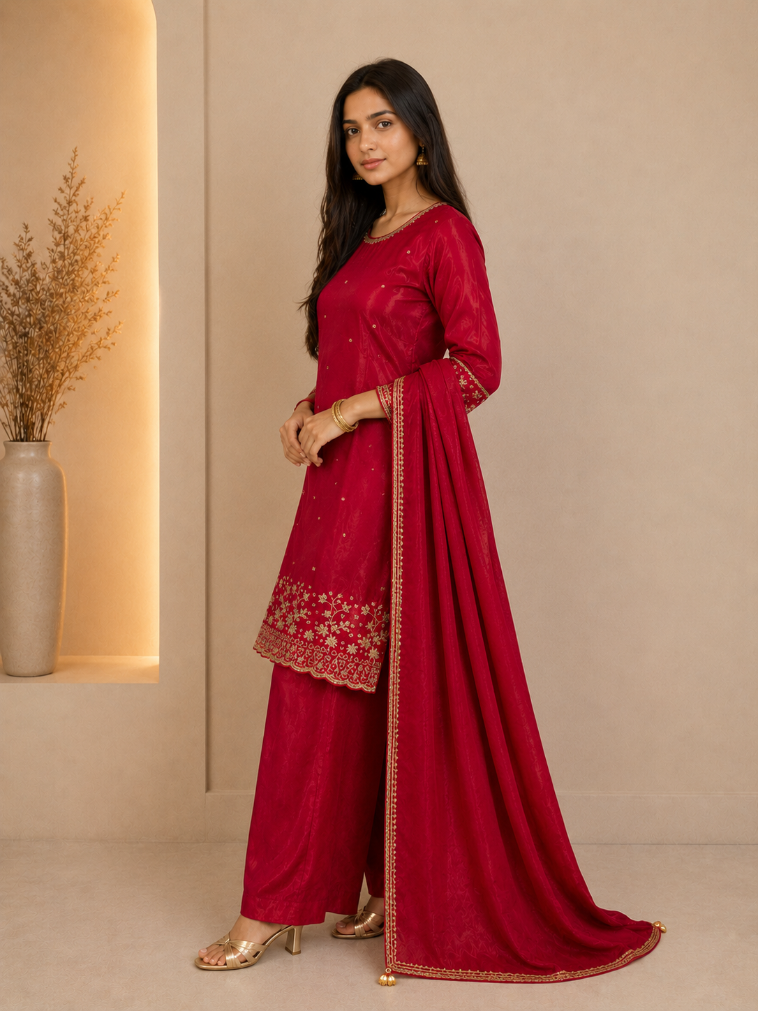 Crimson Grace Embroidered Kurta Palazzo Set