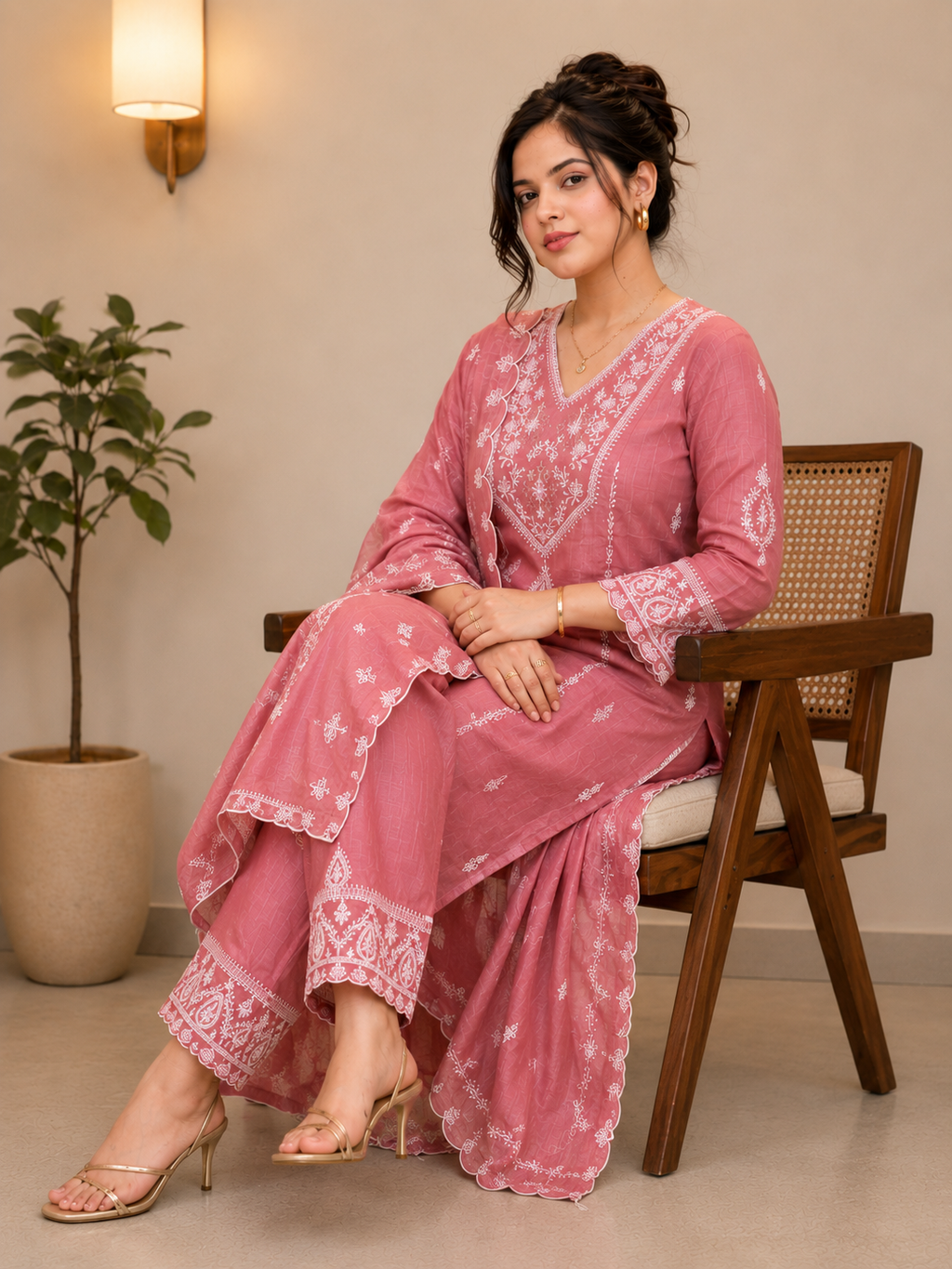 Dusty Rose Embroidered Kurta Set with Dupatta