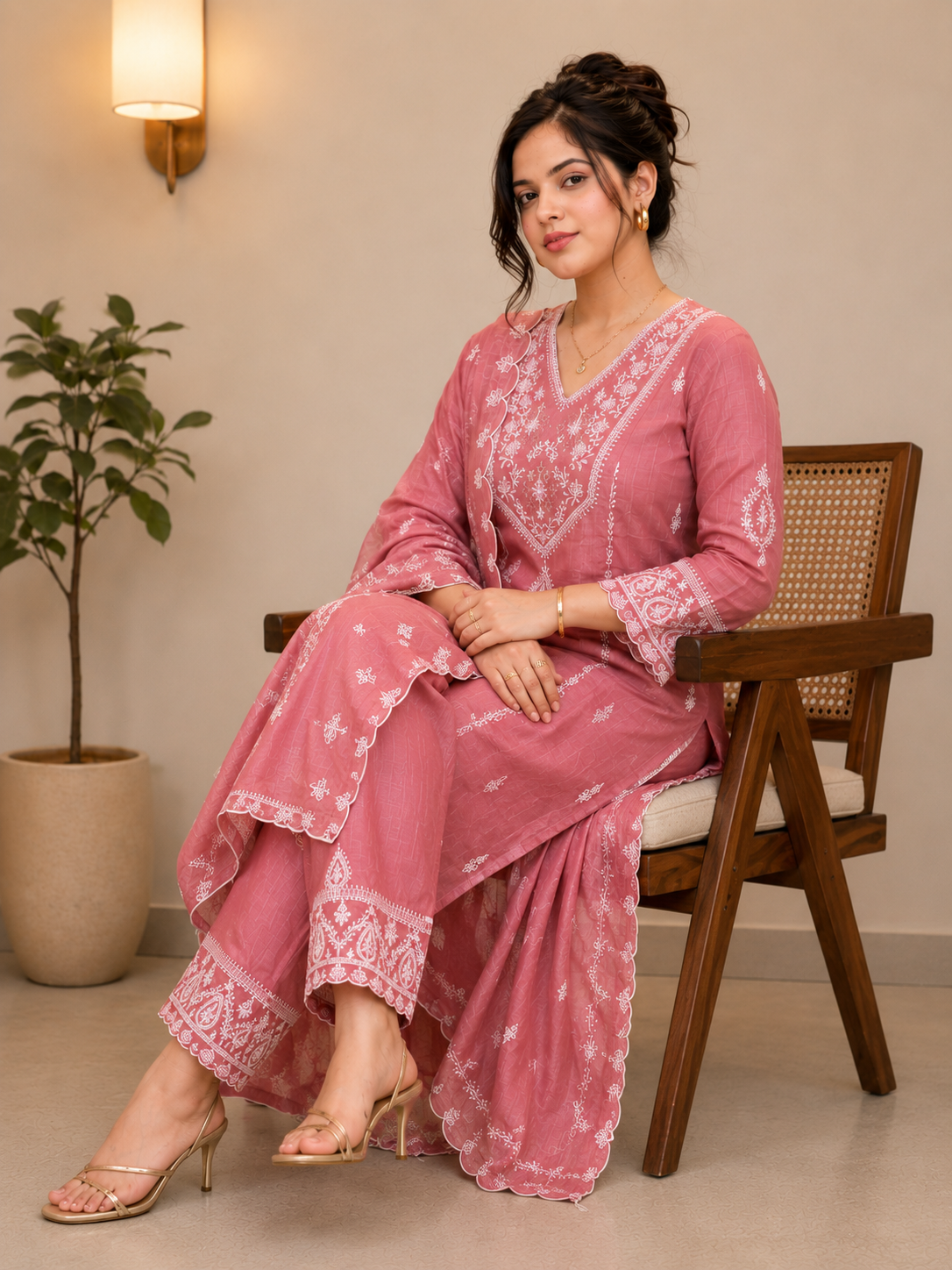 Dusty Rose Embroidered Kurta Set with Dupatta