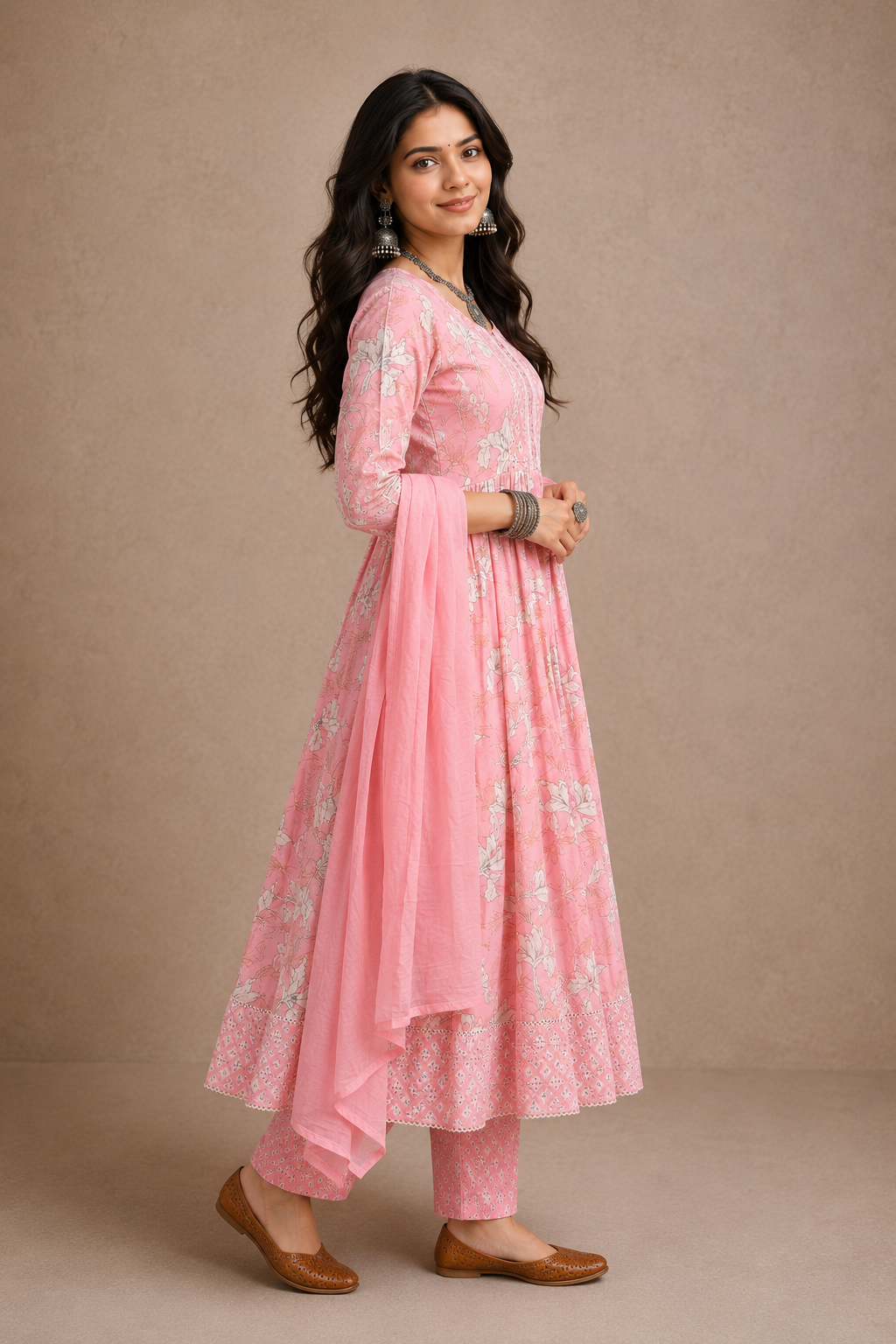 Blush Pink Floral Cotton Anarkali Suit Set with Dupatta