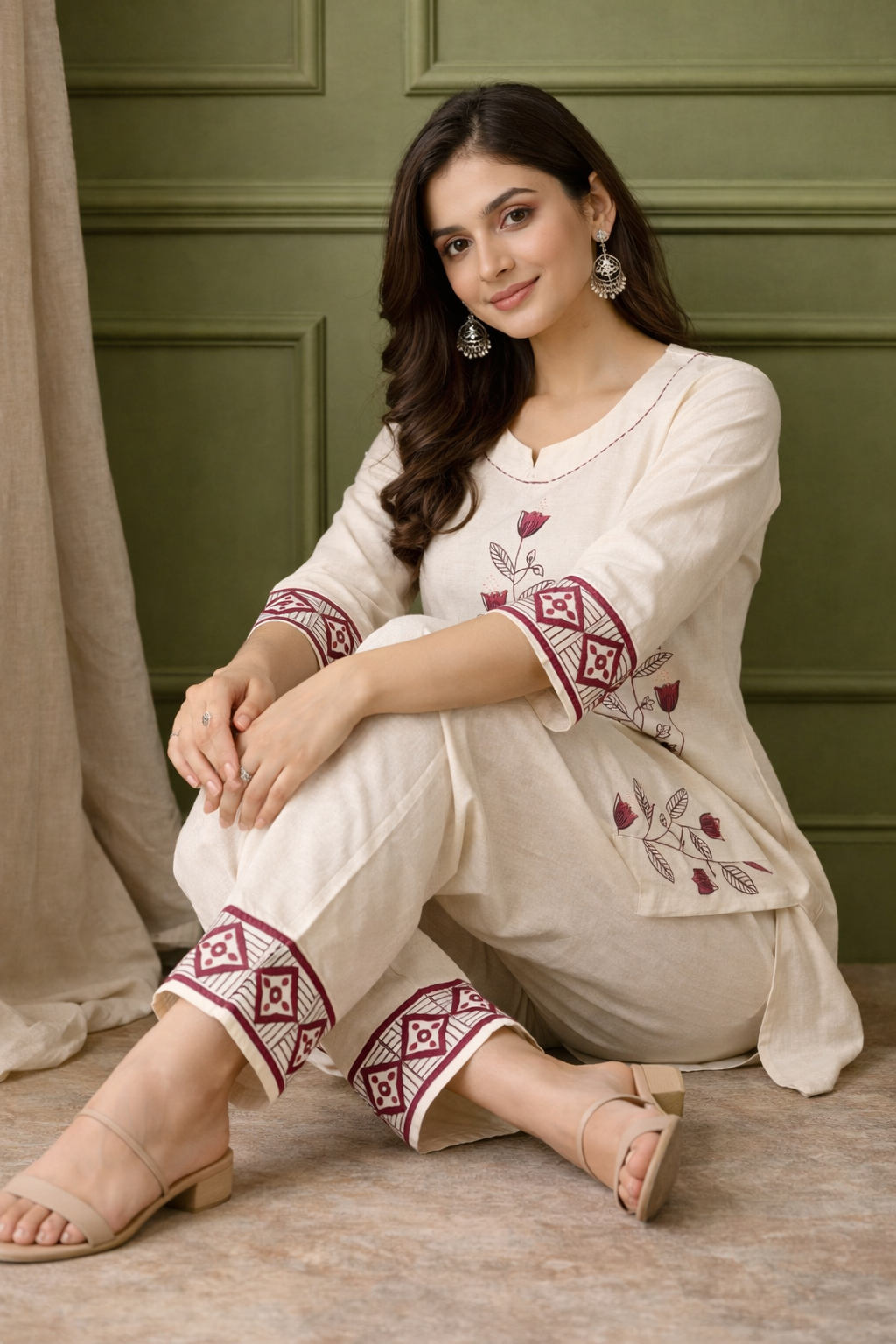 OFF WHITE KHADI COTTON PRINTED CO-ORD SET
