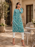 Aqua Leaf Print Cotton Kurta – Elegant Everyday Comfort