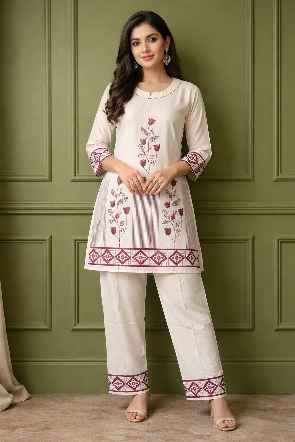 OFF WHITE KHADI COTTON PRINTED CO-ORD SET